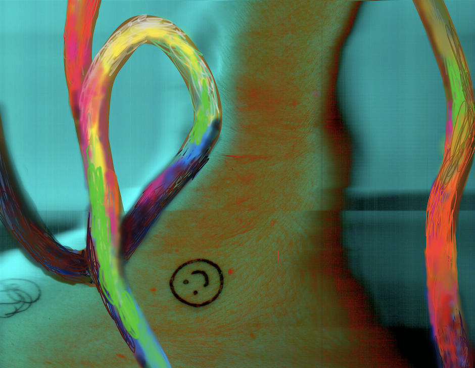 Abstract digital artwork with brightly colored looping forms surrounding a figure marked with a small question mark.